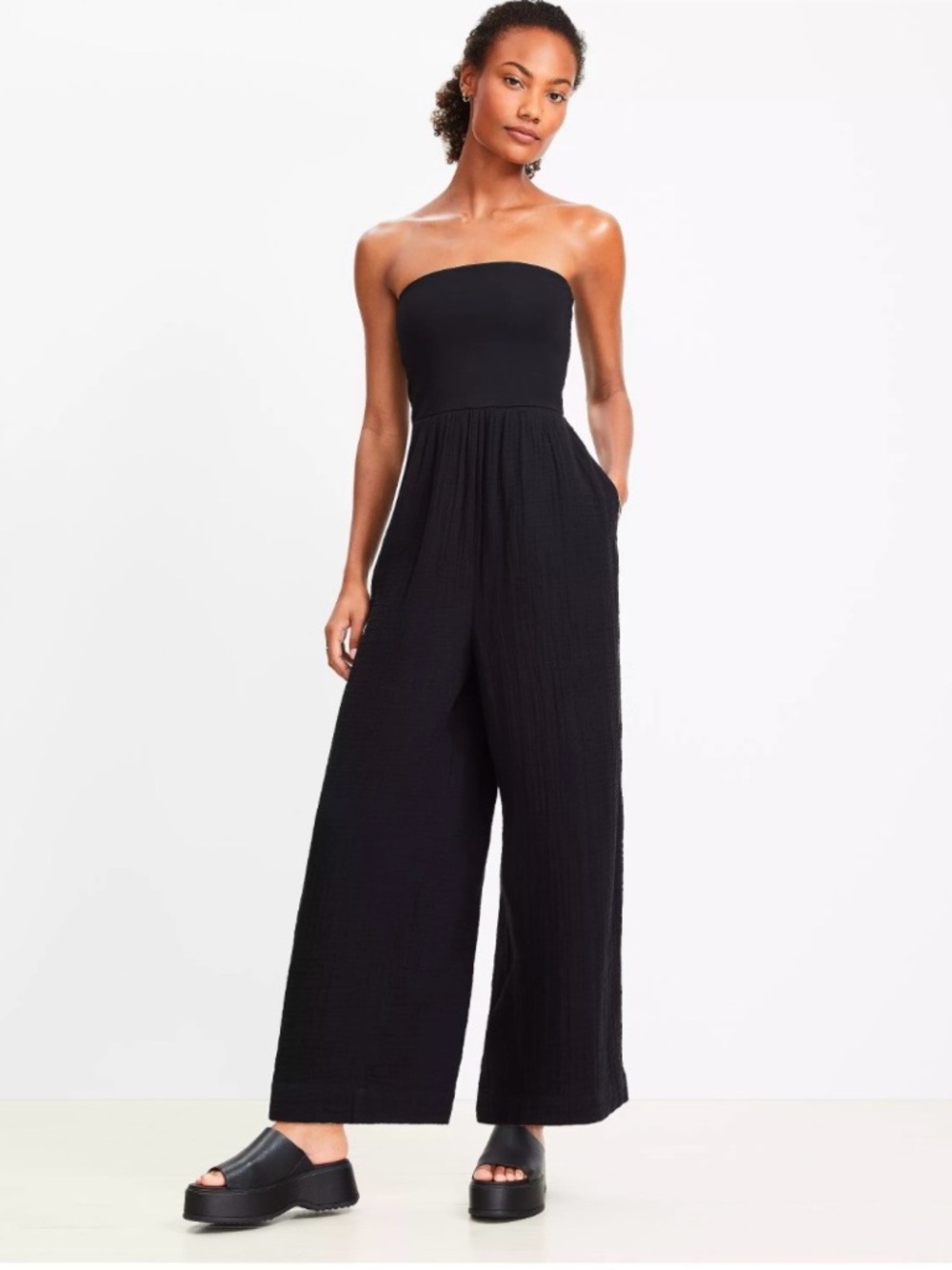 LOFT BEACH NWT Resort Party Minimal Cotton Black Strapless Wide-Leg Jumpsuit L